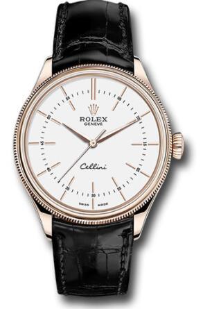 Replica Rolex Cellini Time Watch 50505 Everose White Dial Black Leather Strap